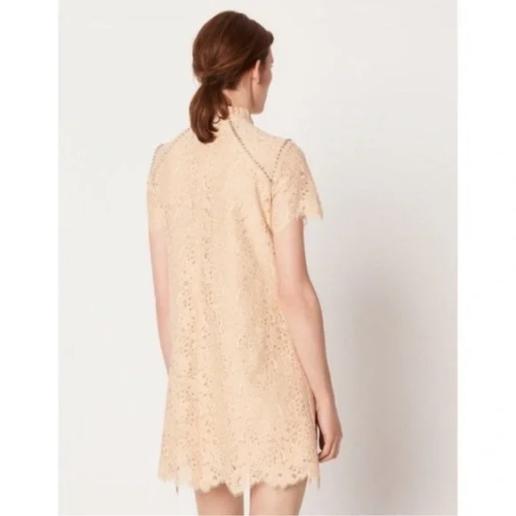 Sandro Peach High Neck Lace Rhinestones Cocktail Mini Dress size 40/ US4 - Picture 5 of 16